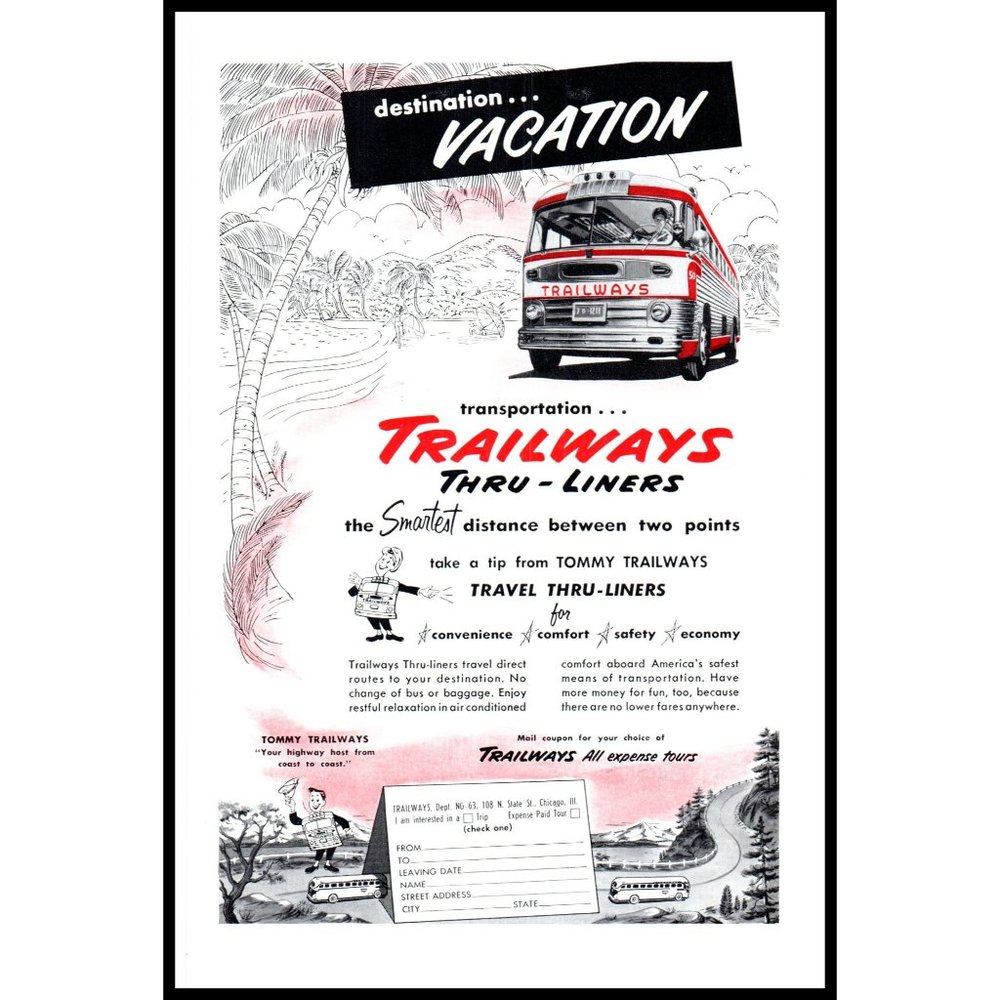 1953 Trailways Coach Bus Liners Vintage Print Ad Florida Beach Palm Trees Art